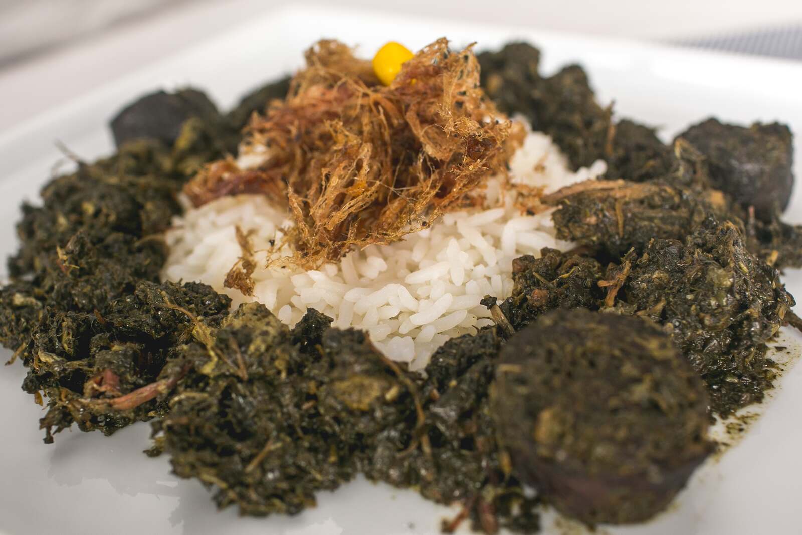 A plate of maniçoba in Belém, Pará: dark, slow-cooked cassava leaves with chunks of meat and sausage around a mound of white rice topped with crispy shredded meat
