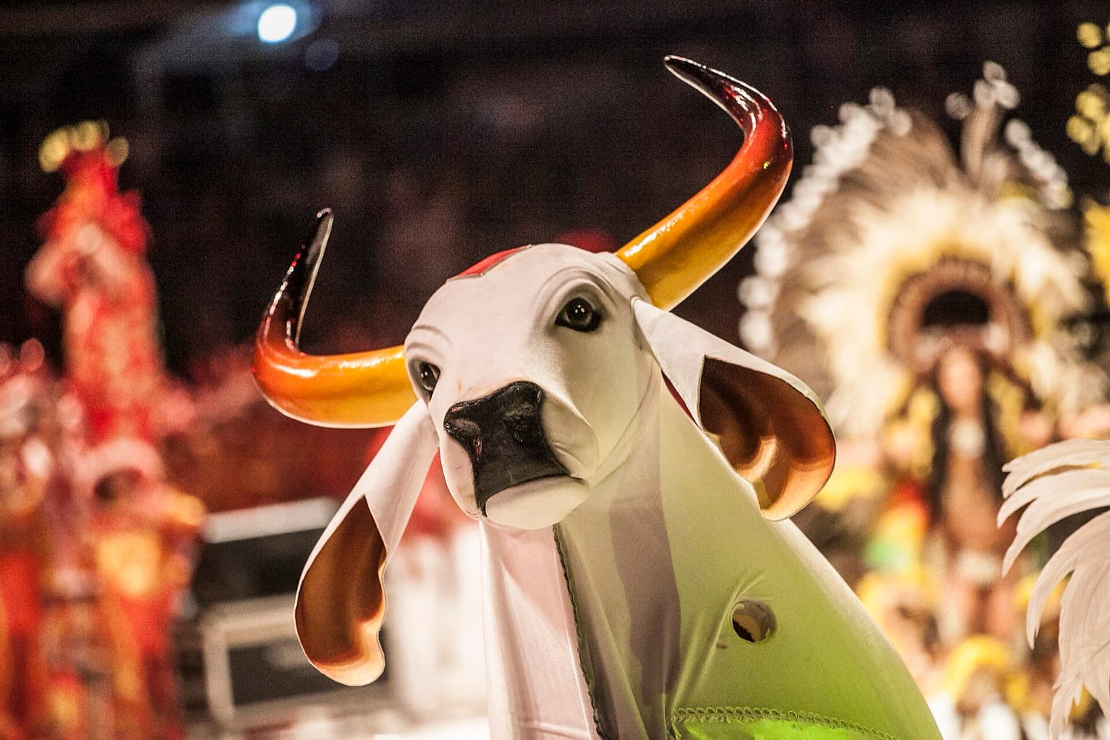 Close-up of a white ox figure with curved orange-tipped horns at the Parintins folklore festival, with red and yellow feathered costumes blurred behind it.