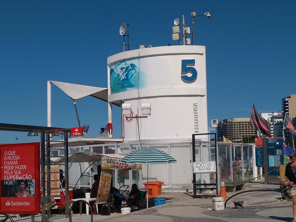 White lifeguard tower marked “5” at Posto 5 on Copacabana Beach under a clear blue sky.