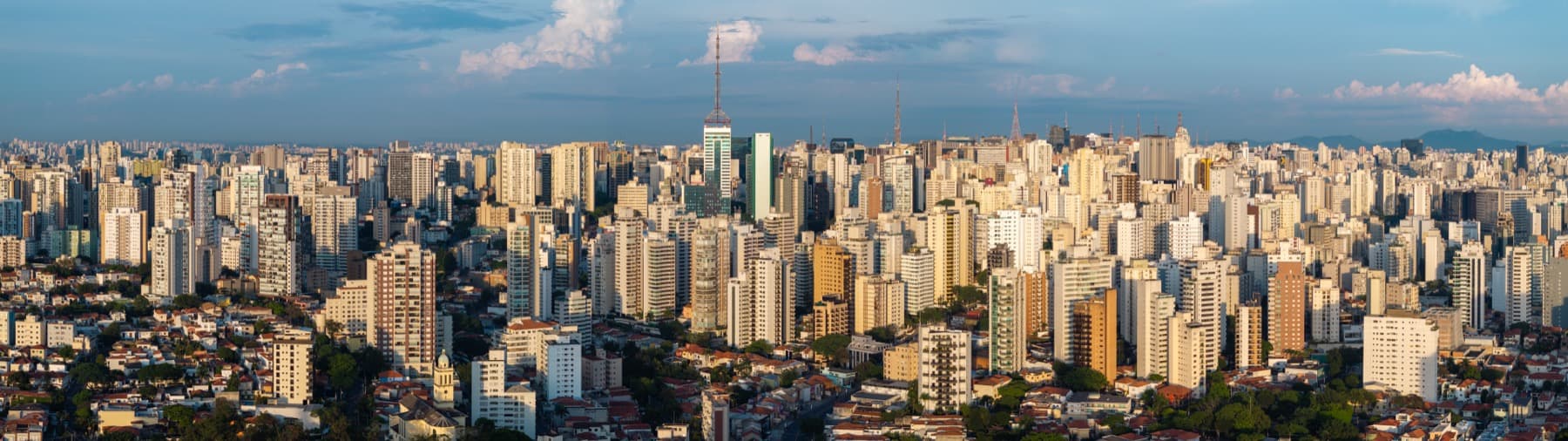 Aerial view of the dense São Paulo skyline at golden hour, high-rise towers stretching to the horizon, seen from above Parque da Aclimação
