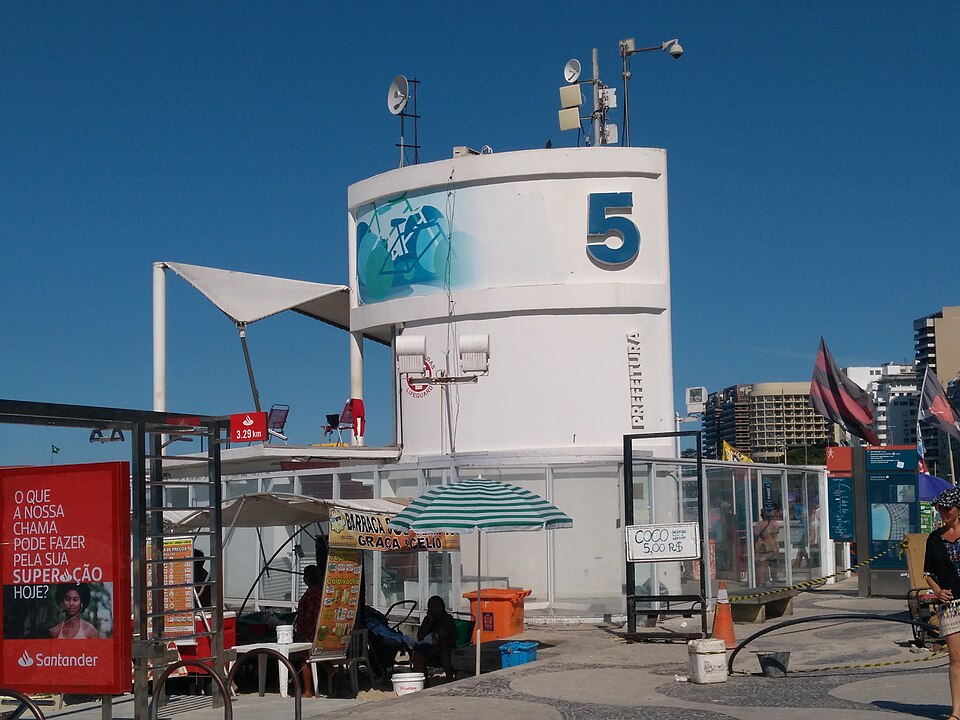 White lifeguard tower marked “5” at Posto 5 on Copacabana Beach under a clear blue sky.